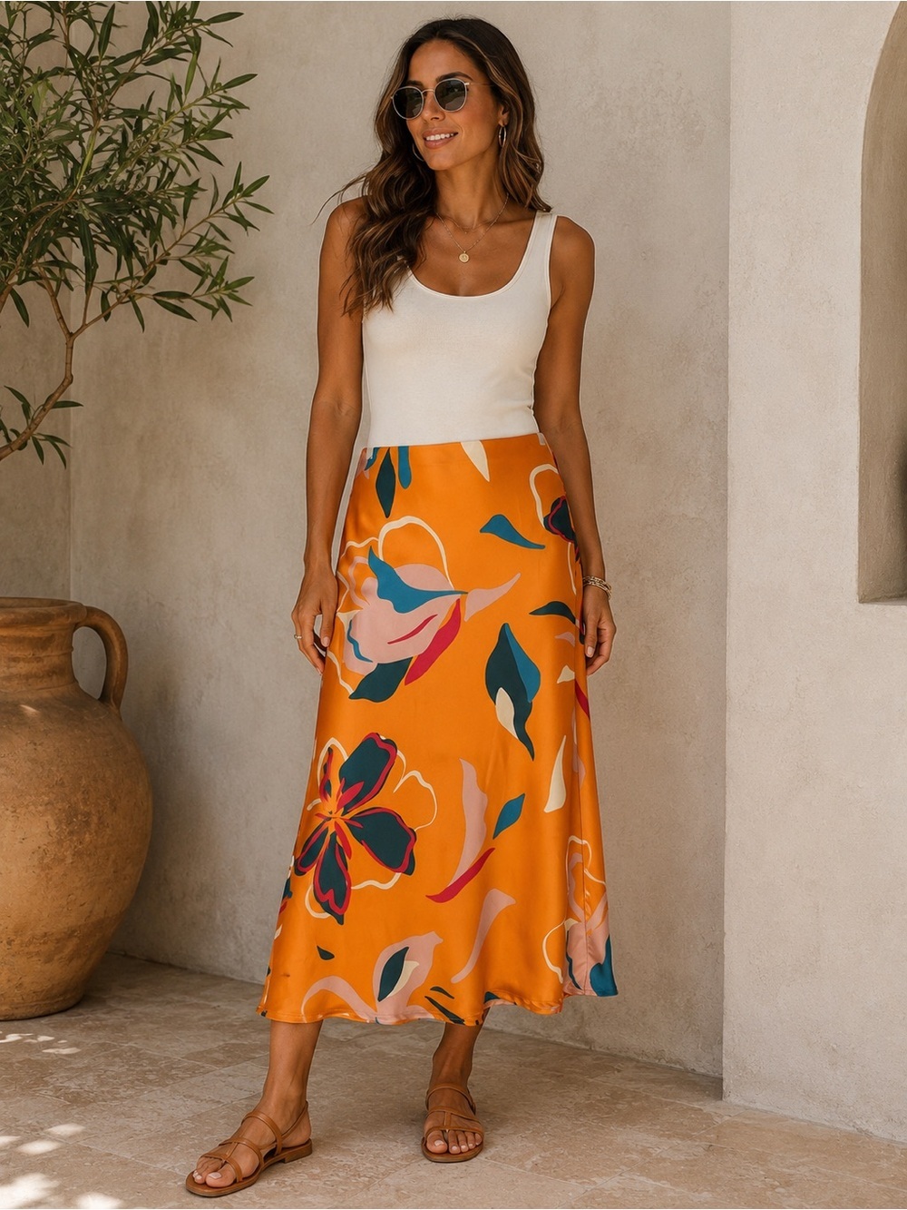 Sigrid Olsen Floral Satin Slip Skirt Resort Coastal Art Modern Dopamine Medium